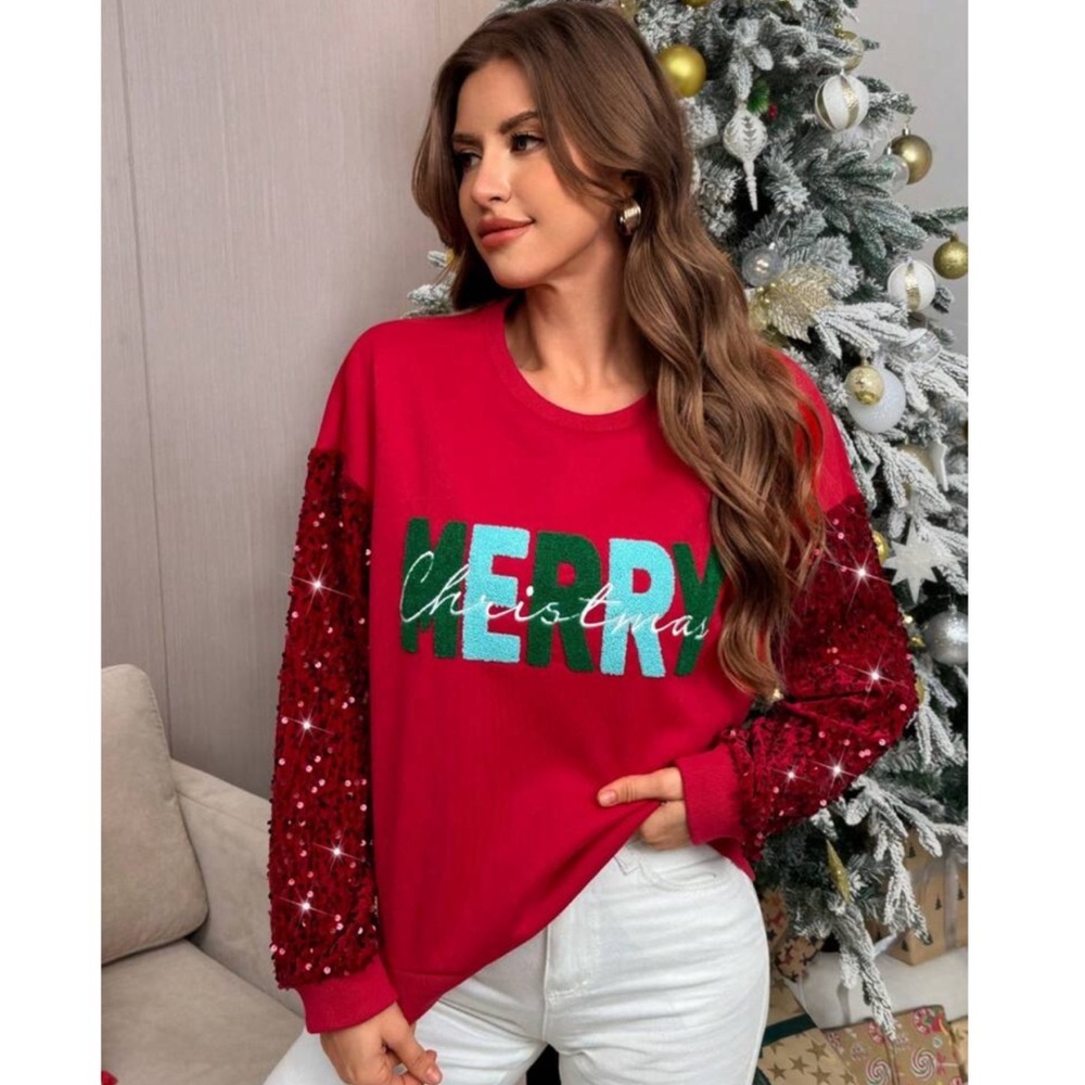 Merry Christmas Embroidered Sequin Sleeve Round Neck Sweater - Picture 4 of 8